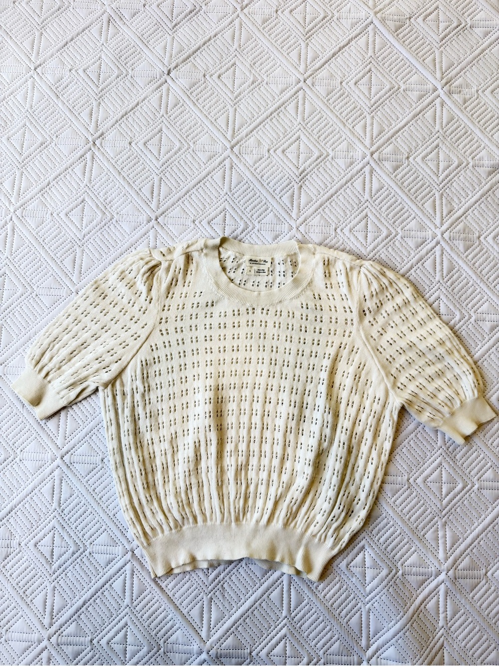 Anthropologie Meadow Rue Cream Openwork Cotton Knit Puff-Sleeve Sweater Size L